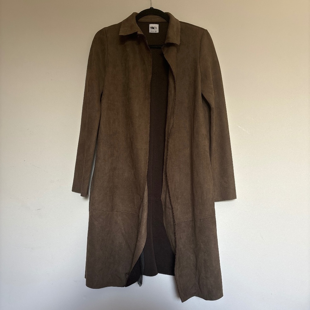 Zara Open chocolate faux suede long midi coat size S